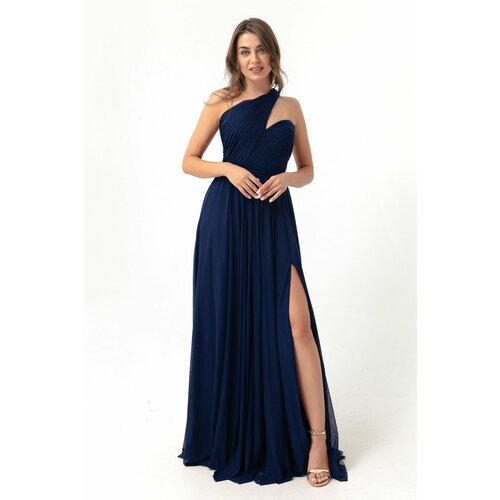 Lafaba Women's Navy Blue One-Shoulder Slit Long Evening Dress Slike