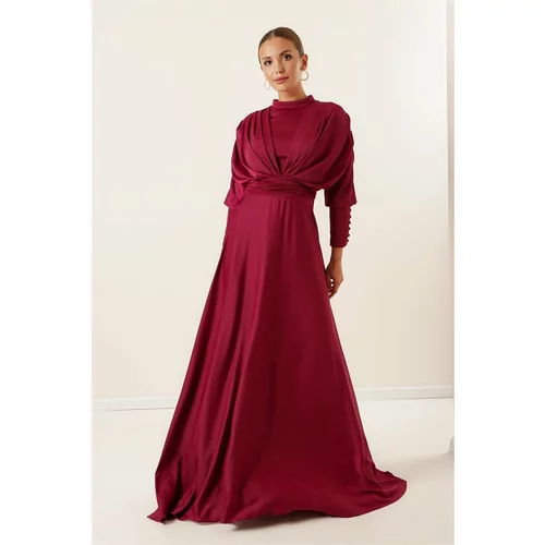 By Saygı Front Back Pleated Sleeves Button Detailed Lined Long Satin Dress Fuchsia.