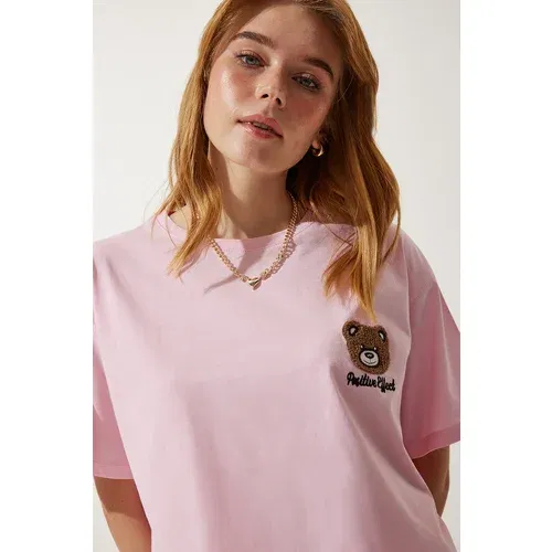 Happiness İstanbul Women's Light Pink Teddy Bear Crest Crop Knitted T-Shirt