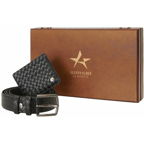 ALTINYILDIZ CLASSICS Men's Black Special Wooden Gift Boxed Belt - Card Holder Accessory Set Groom's Pack Slike
