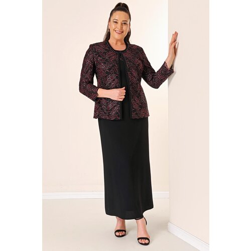 By Saygı Long Dress With Beading Embroidered Collar Beading Sequins Embroidered Jacket Lined Plus Size 2-Piece Suit Slike