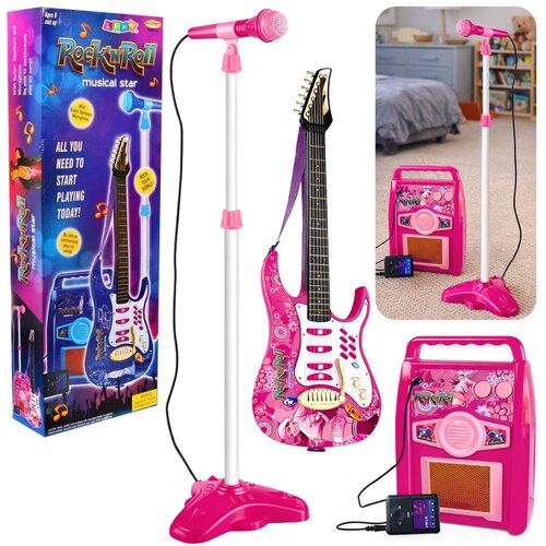  Dječja električna gitara sa pojačalom i mikrofinom Amplifier MP3 Input - roza Cijene