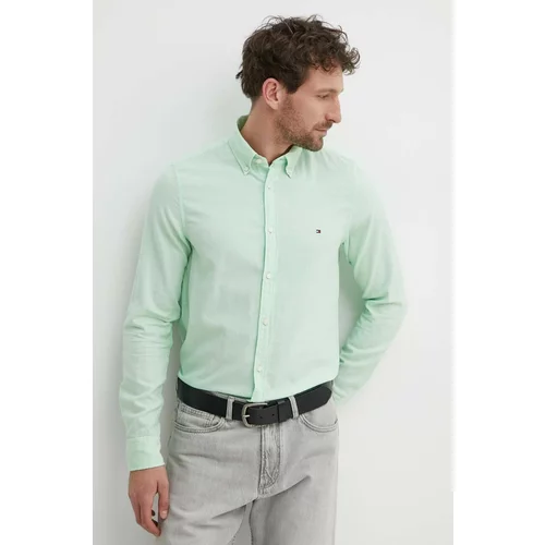 Tommy Hilfiger Pamučna košulja za muškarce, boja: zelena, slim, s button-down ovratnikom