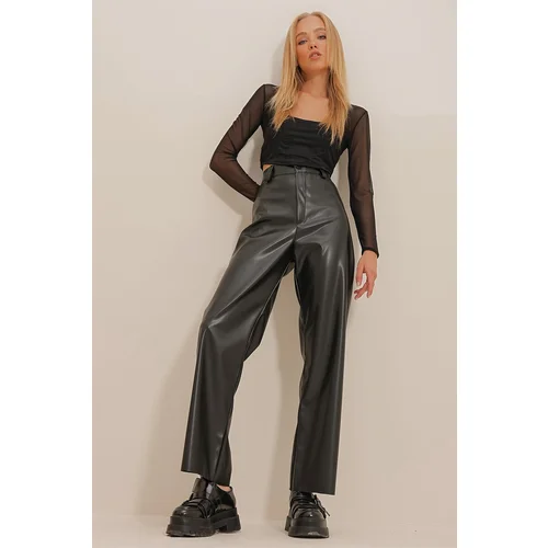 Trend Alaçatı Stili Women's Black Double Pocket Palazzo Leather Pants