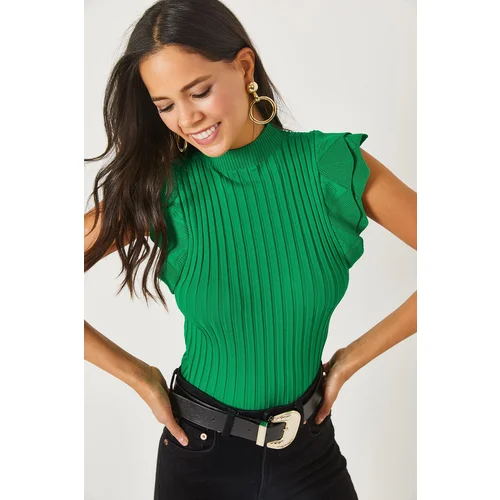 Olalook Grass Green Butterfly Sleeve Summer Knitwear Blouse