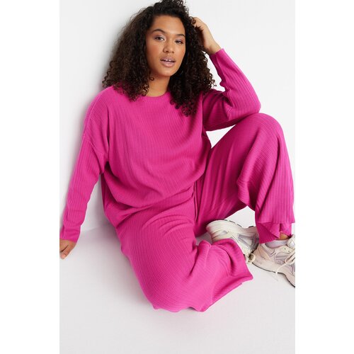 Trendyol Curve Fuchsia Ribbed Crew Neck Knitwear Sweater Sweater Pants Suit Slike