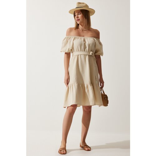  Women&amp;#039;s Cream Carmen Collar Belted Summer Muslin Dress Slike