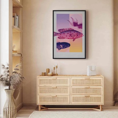  Slika - Fish in Pastels - Stylized Fish Against Gradient Shapes 40x60 U crnom drvenom okviru Slike