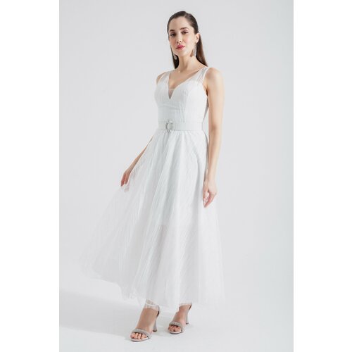 Lafaba Women's White V-Neck Glitter Midi Evening Dress Slike