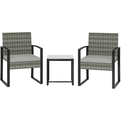 Bistro set od ratana 3 dijela 2 stolice stolić za kavu i jastuci svijetlosivi Slike
