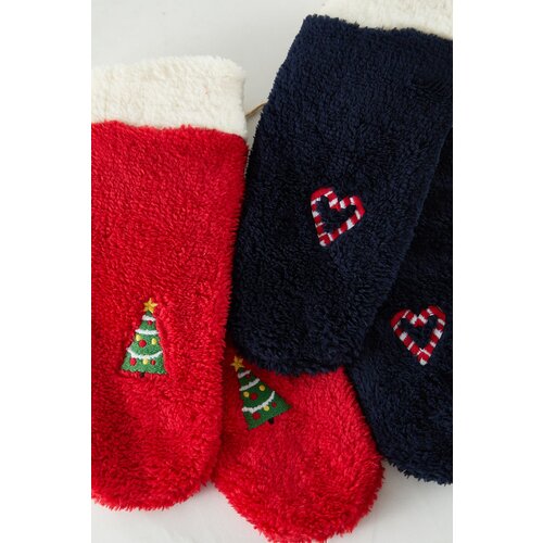 Trendyol Red-Navy 2-Pack New Year Themed Embroidered Terry Knitted Socks Slike