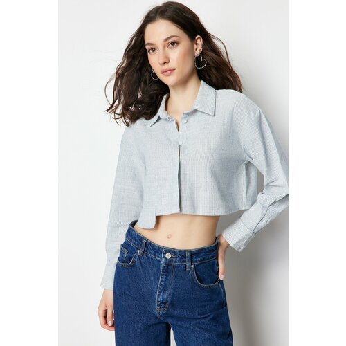 Trendyol Ecru Striped Asymmetric Pocket Crop Cotton Woven Shirt Slike