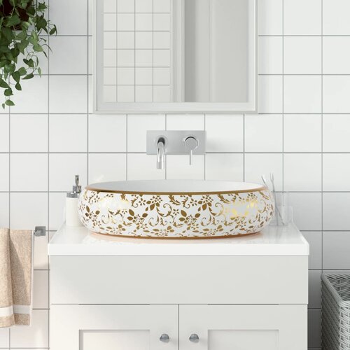 vidaXL nadpultni umivalnik bel in zlat ovalni 59x40x15 cm keramika Cene