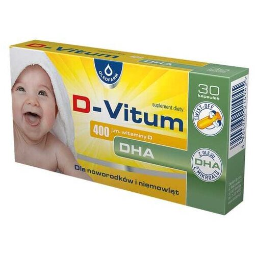 Oleofarm Vitamin D3 400 IE in DHA za dojenčke in otroke D-Vitum (30 twist-off kapsul) Slike