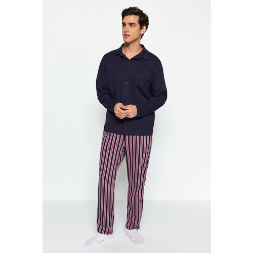 Trendyol Men's Navy Blue Bottom Stripe Knitted Pajamas Set Slike