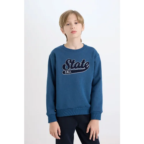 Defacto Boy Navy Blue Regular Fit Crew Neck Embroidered Thick Sweatshirt