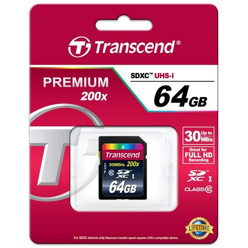 Transcend PREMIUM 64GB MicroSDXC kartica UHS1 30MB/s 200x Class10