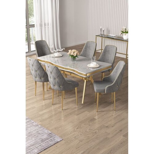 Hanah home trpezarijski set Vae, sto i 6 stolica, ploča u dekoru belog mermera, zlatne noge, siva tkanina Babyface Cene
