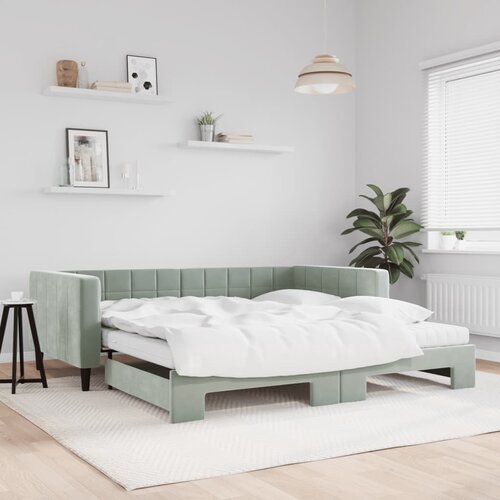 VidaXL Izvlečna dnevna postelja z vzmetnico sv. siva 100x200 cm blago Slike