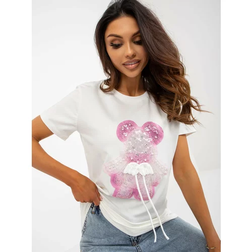 Fashion Hunters Cotton women's T-shirt Ecru-pink with 3D application