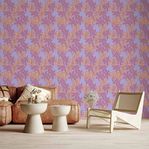  Tapeta - Exotic - Two-Tone Flowers - Flowers in purple and orange on a blue background. 50x1000 Cene
