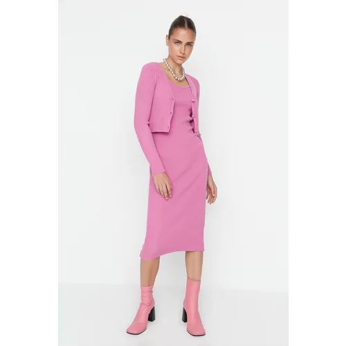 Trendyol Pink Button Detailed Cardigan Dress Knitwear Suit