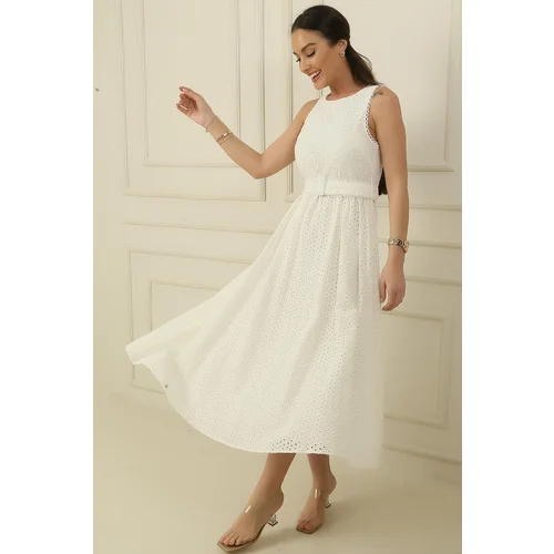 By Saygı Gathered Embroidered Lined Scallop Long Dress with Belt and Waistband