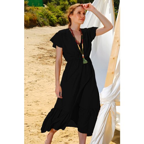 Trend Ala&amp;ccedil;atı Stili Women&amp;#039;s Black Striped Double Breasted Neck Maxi Oversized Crinkle Dress Slike
