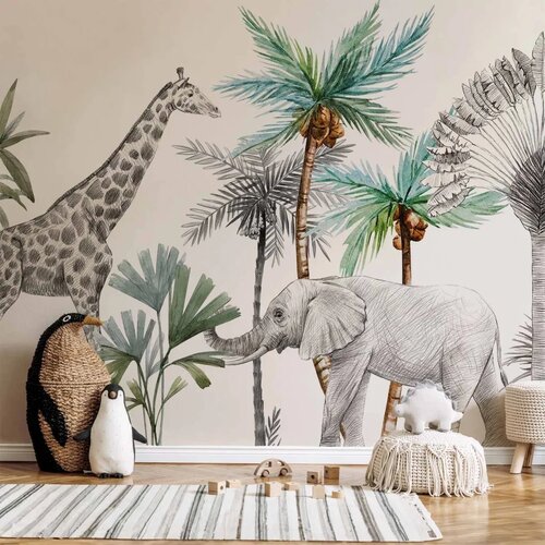  Foto tapeta - Jungle Animals Wallpaper for Children\&amp;#039;s Room in Cartoon Style 450x315 Vodootporna Slike