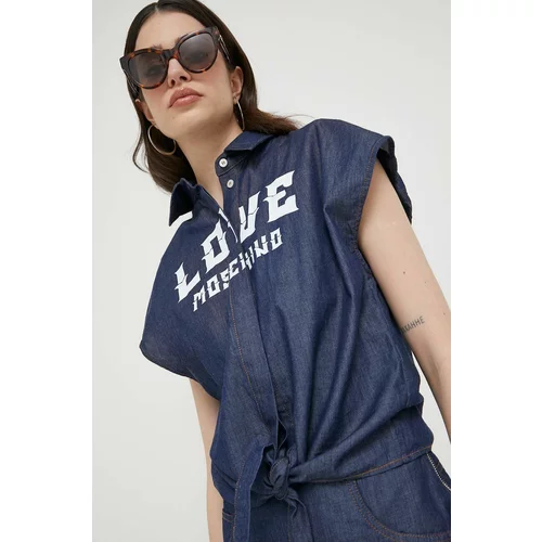Love Moschino Pamučna košulja za žene, boja: tamno plava, relaxed, s klasičnim ovratnikom