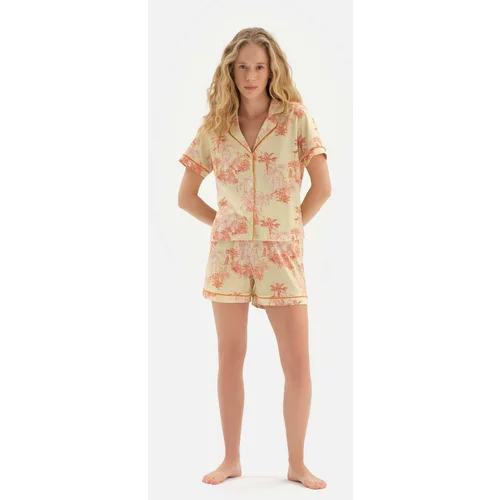 Dagi Green Shirt Collar Tropical Patterned Shorts Pajamas Set