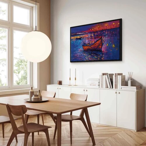  Slika - Modern impressionism - night landscape of a lake with a floating boat 120x80 U crnom drvenom okviru Slike