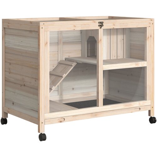 PawHut lesena dvovrstna kletka za kunce in morske pra&scaron;ičke, kletka z rampo in odstranljivim pladnjem, 91,5x53,3x73cm, barva lesa, (20744657) Cene