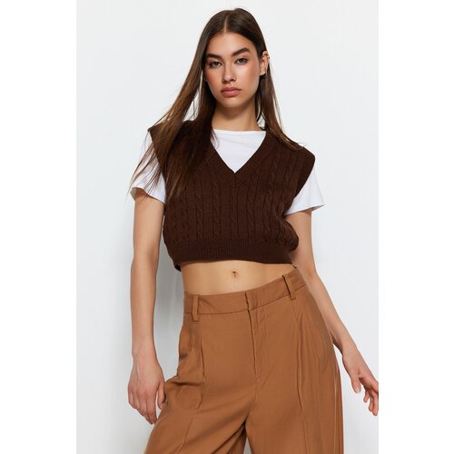 Trendyol Brown Crop V-Neck Knitwear Sweater Slike