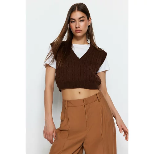 Trendyol Brown Crop V-Neck Knitwear Sweater