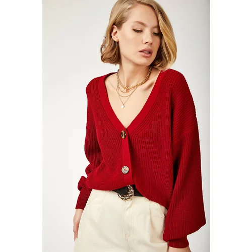 Happiness İstanbul Women's Red V-Neck Buttoned Knitwear Cardigan