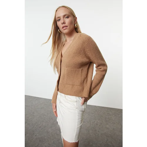 Trendyol Camel V Neck Pocket Knitwear Cardigan