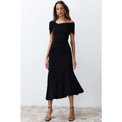 Trendyol Black Asymmetric Collar Knitted Elegant Evening Dress Slike