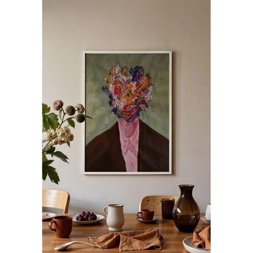 Wallxpert uramljena slika 115194, apstraktni portret sa licem od &scaron;arenih poteza boje na zelenoj pozadini, 30 x 40 cm, beli ram Cene