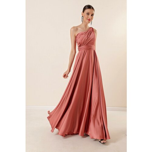 By Saygı One-Shoulder Long Evening Crepe Satin Dress With Draping and Lining. Slike