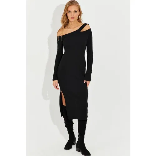 Cool & Sexy Women's Black Asymmetrical Collar Window Slit Midi Dress