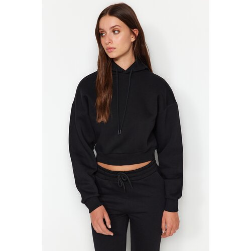 Trendyol Black Thick Fleece Inner Hoodie. Relaxed-Cut Crop Basic Knitted Sweatshirt Slike