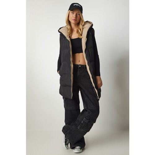  Women's Beige Black Hooded Reversible Inflatable Vest Cene