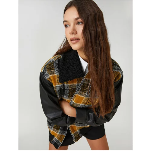 Koton Oversized Jacket Shirt Collar Zippered Plush Leather Look with Sleeves Detailed.