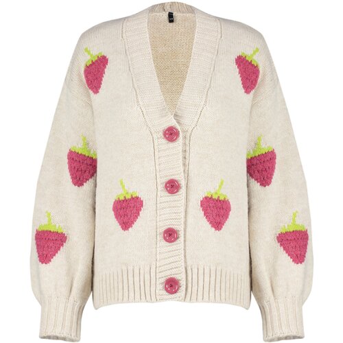 Trendyol Stone Soft Texture Strawberry Embroidered Knitwear Cardigan Slike