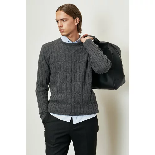 Altinyildiz classics Men's Dark Gray Standard Fit Normal Cut Crew Neck Jacquard Wool Knitwear Sweater.