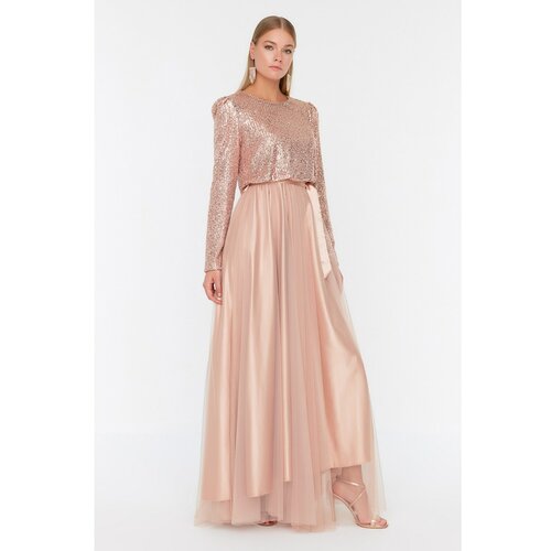 Trendyol Pink Sequin Detailed Waist Belted Hijab Evening Dress Cene