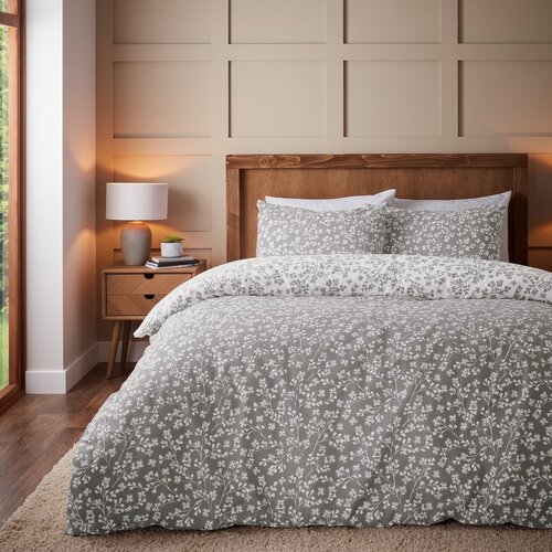 Catherine Lansfield Siva enojna flanelna posteljnina 135x200 cm Grace Floral Leaf &amp;ndash; Slike