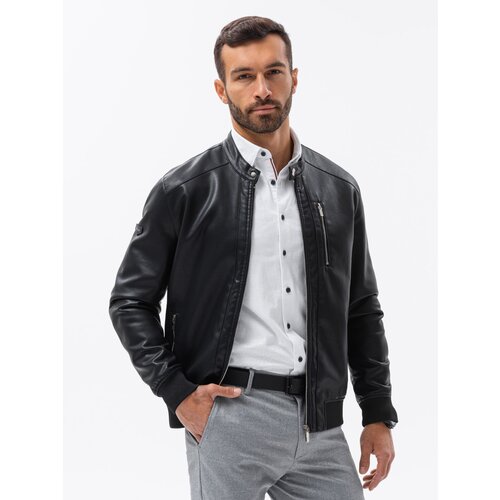 Ombre Men's faux leather jacket with ribbed bottom hem - black Cijene