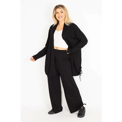 Şans Women's Plus Size Black Side Lace Detail Cardigan Trousers Suit